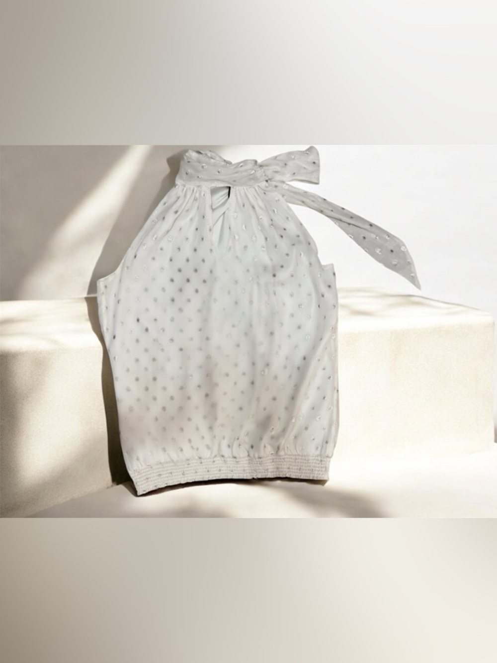 White House Black Market White Halter Bow-Neck Blouse with Silver Dots